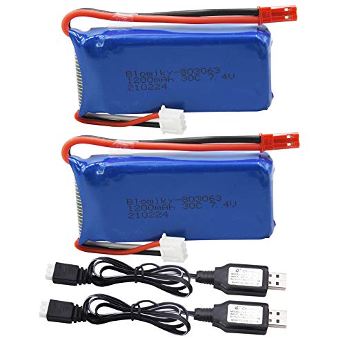 Blomiky 2 Pack 7.4V 1200mAH Lipo Battery Pack with JST Plug and Charger Replacement for UDIRC UD1601 UD1602 Pro Fisca Cheewing 1/16 Scale RC Truck RC Helicopter Drone Vehicles / X6 Battery and USB 2