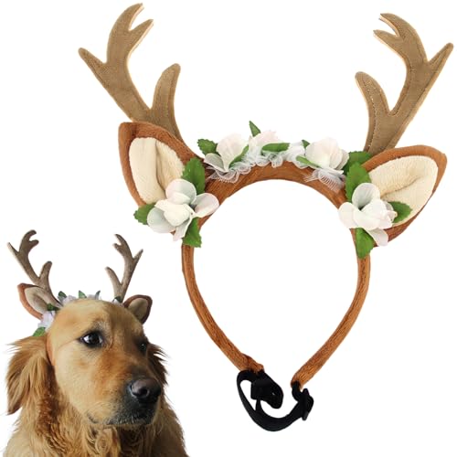 Dog Cat Christmas Reindeer Ears Antlers Headband Adjustable, Forest Flower Elk Hat Headwear Pet Deer Hair Cosplay Costumes Accessories for Halloween Merry Christmas (L(for Medium and Big Dogs))