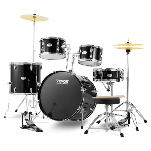 VEVOR Adult 5-Piece Drum Set, 22 Inches Complete Full Size Kit with Bass, Toms, Snare, Floor, Adjustable Throne, Stands, Cymbal, Hi-Hat Pedal and Drumsticks, Black
