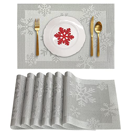Christmas Placemats Set of 6 Woven Vinyl Non-Slip Placemats Washable Table Mats Anti-Skid Placemats for Kitchen Table (Snow Silver)
