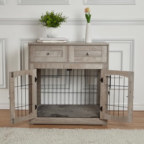 Dog Crate Furniture with Cushion,Wooden Dog Kennels Indoor with 2 Drawers,Dog Furniture Crate End Table with Storage