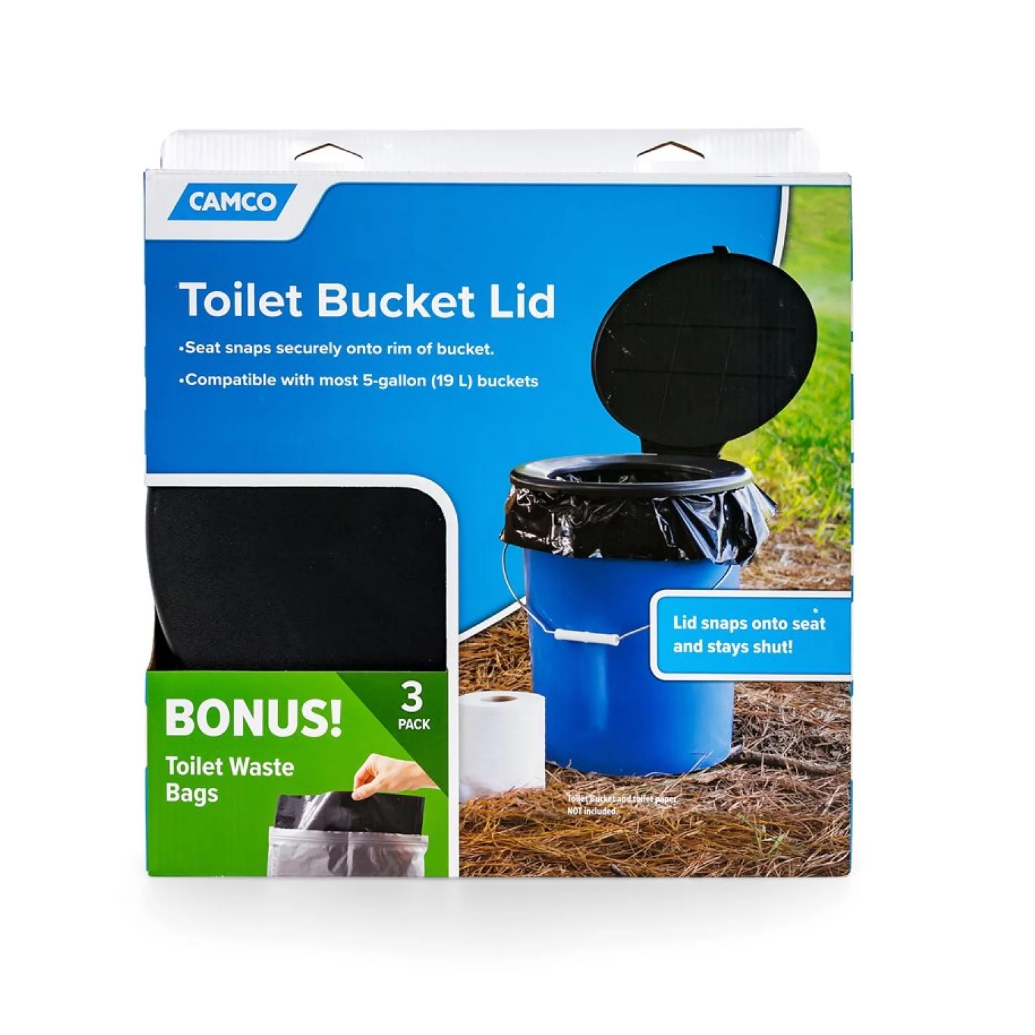 Camco Bucket Toilet Seat with Lid with Leak Proof Waste Bags for 5-Gallon Buckets, Toilet Lid Measures 2 x 13 x 14.5 inches, Black (41546)