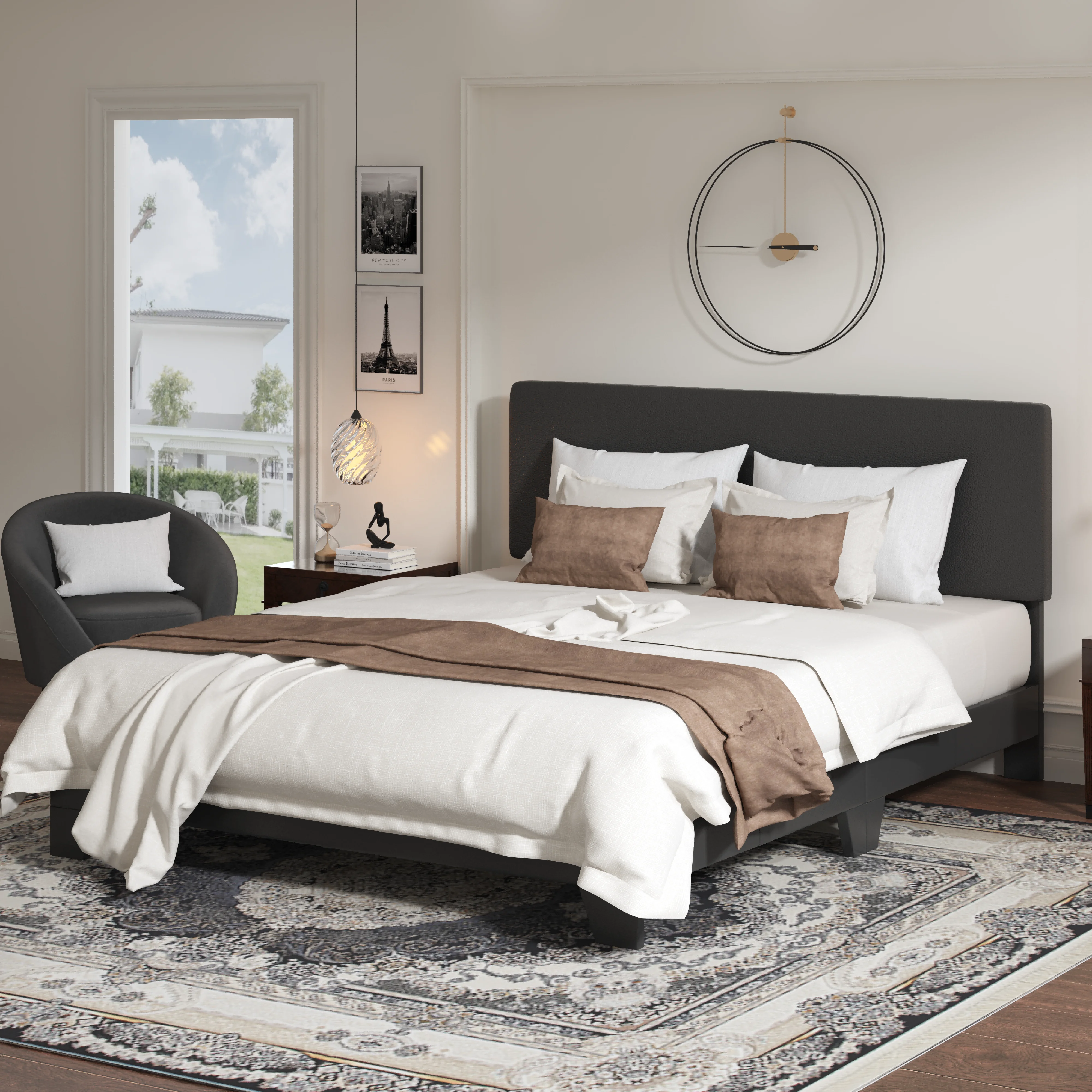 Einfach Queen Upholstered Platform Bed Frame with Adjustable Leather Headboard, No Box Spring Needed, Black