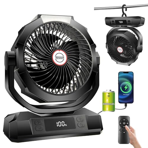 Camping Fan with LED Lantern,40000mAh Rechargeable Battery Operated Portable Personal Fan with Remote, 6 Speeds/Timer/Auto Oscillation/Digital Display USB Table Fan (Black)