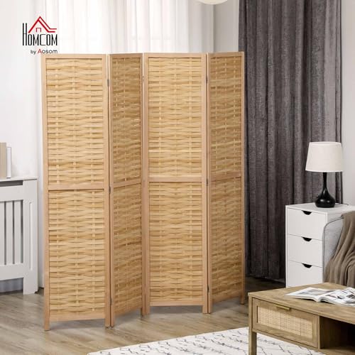 HOMCOM 3 Panel Room Divider, 5.5' Tall Bamboo Portable Folding Privacy Screens, Hand-Woven Double Side Partition Wall Dividers for Home Office, Natural