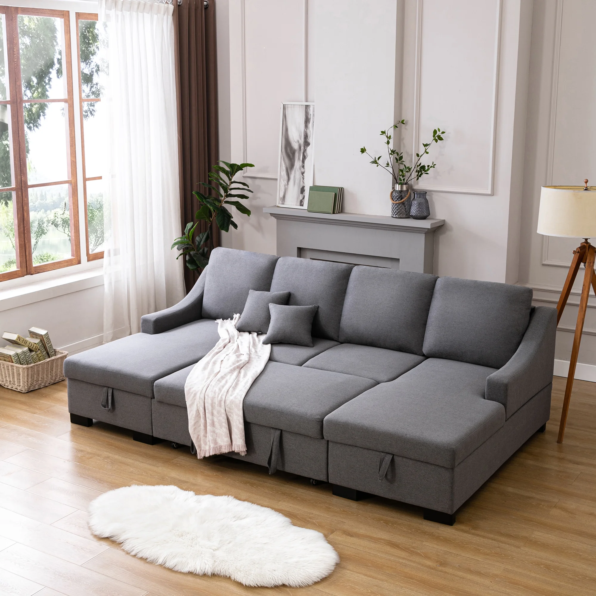 Churanty Pull Out Sofa Bed U Shaped Sectional Sleeper Sofa Bed with Storage Chaise for Living Room Apartment,Grey