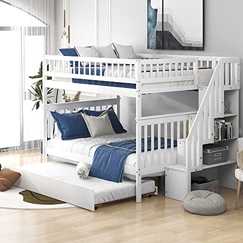 Wooden Full Size Bunk Bed with Trundle and Storage Staircase, Convertible to 3 Platform Bed, Space-Saving Bed Frame with Full-Length Safe Guardrail, No Box Spring Needed, White