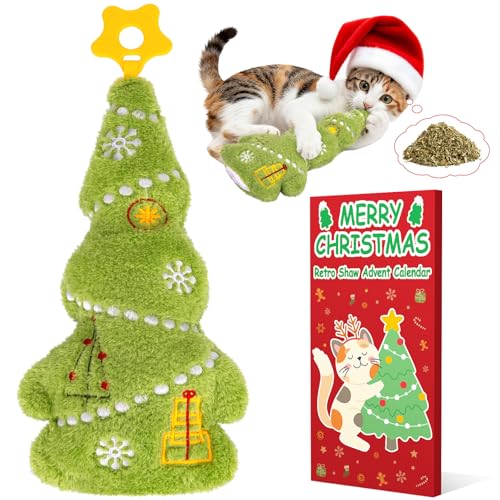 Retro Shaw Christmas Cat Toys, Kitty Xmas Catnip Toys 15.5 Inches Christmas Tree with Crinkle Sound, Safe Kitten Teeth Cleaning Toy, Interactive Kitty Kicker Toy