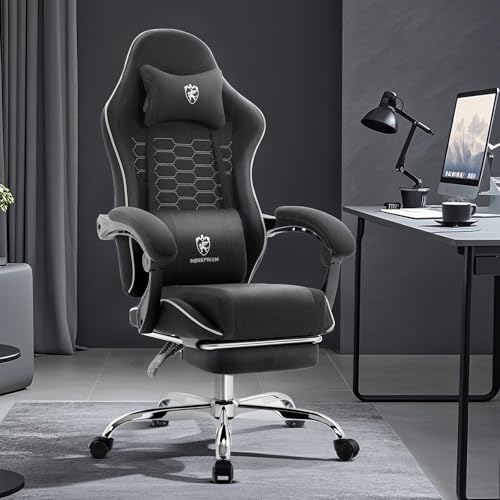 Gaming Chair Breathable Fabric,Computer Office Chair with Footrest,Massage Lumbar Support and Gel Pad,Ergonomic Reclining Adjustable Gamer Chair with Headrest and Spring Cushion Black Green