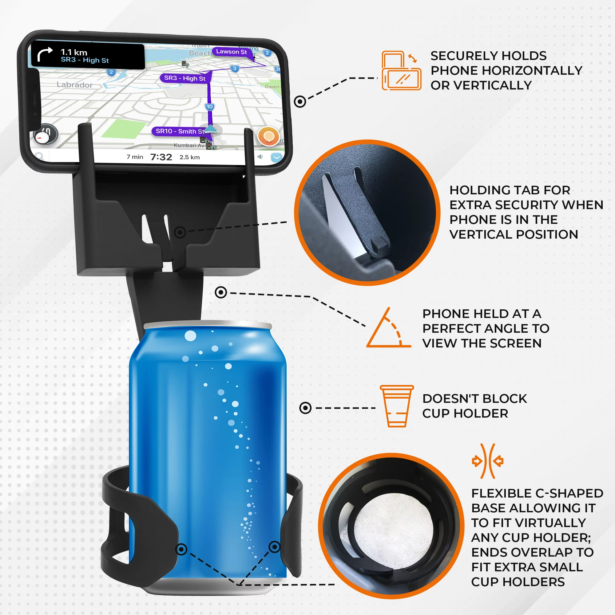 Cell Phone Seat – Phone & Cup Holder Made in USA – Fits Phones with or without Cases in Vertical or Horizontal Position and Doesn’t Block Cup Holder, Charging Ports, Vents, Windshield