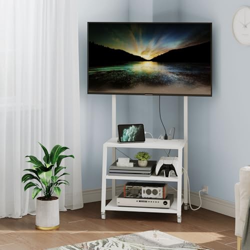 HOOBRO Rolling TV Stand with Mount and Power Outlet Up to 55 inch TVs, Corner Entertainment Center, Small TV Stand with 3-Tier Storage Shelves for Living Room, Bedroom, Black BB66UDS01