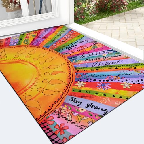 Likiyol Boho Sun Door Mat Outdoor Indoor, Colorful Floral Welcome Doormat with Inspirational Quotes for Front Door, Entryway, Non Slip Washable Rubber Door Rug, Low Profile, Absorbent, 18'' x 30''