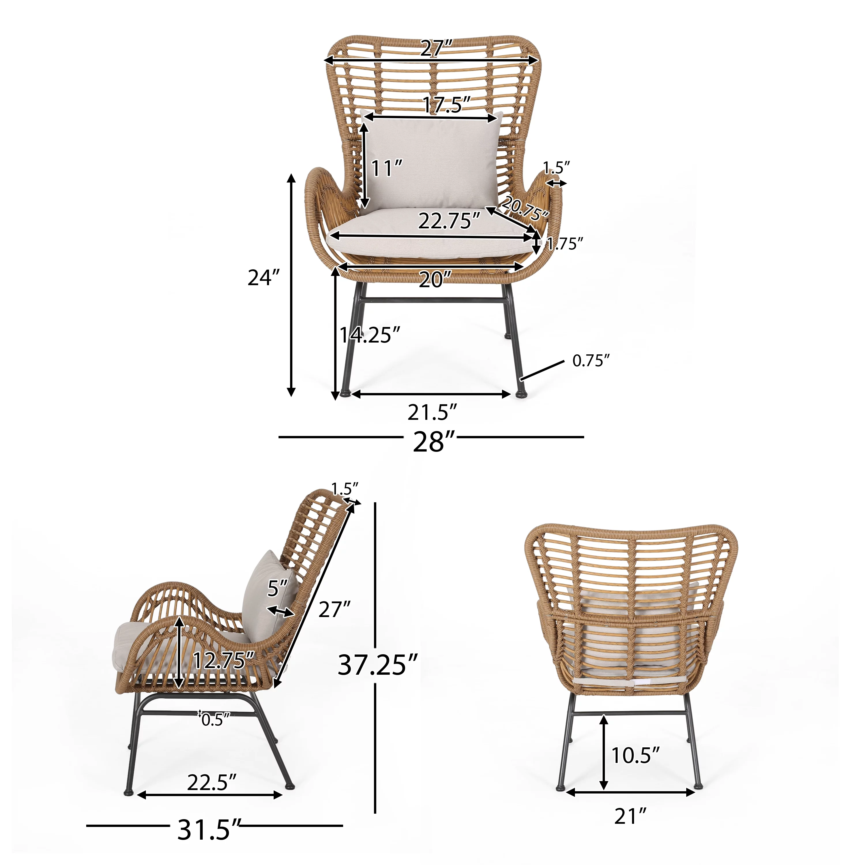 Noble House Marquwz Outdoor Wicker Club Chairs with Cushions, Set of 2, Light Brown and Beige