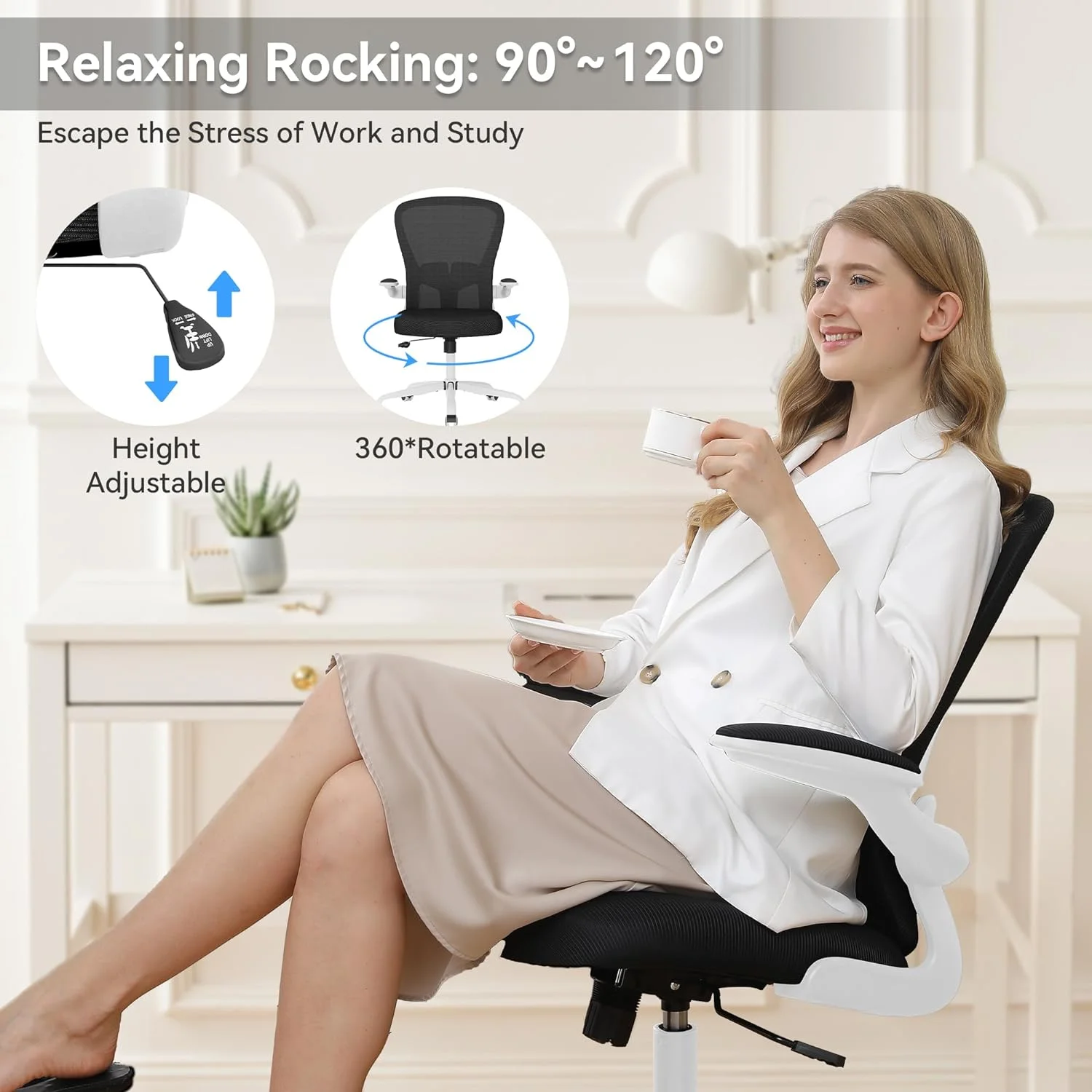 JIAH Office Chair, Office Chair,Breathable Mesh Desk Chair, Computer Chair with Flip-up Armrests, Rolling Swivel Task Chair,Home Office Desk Chair (White)