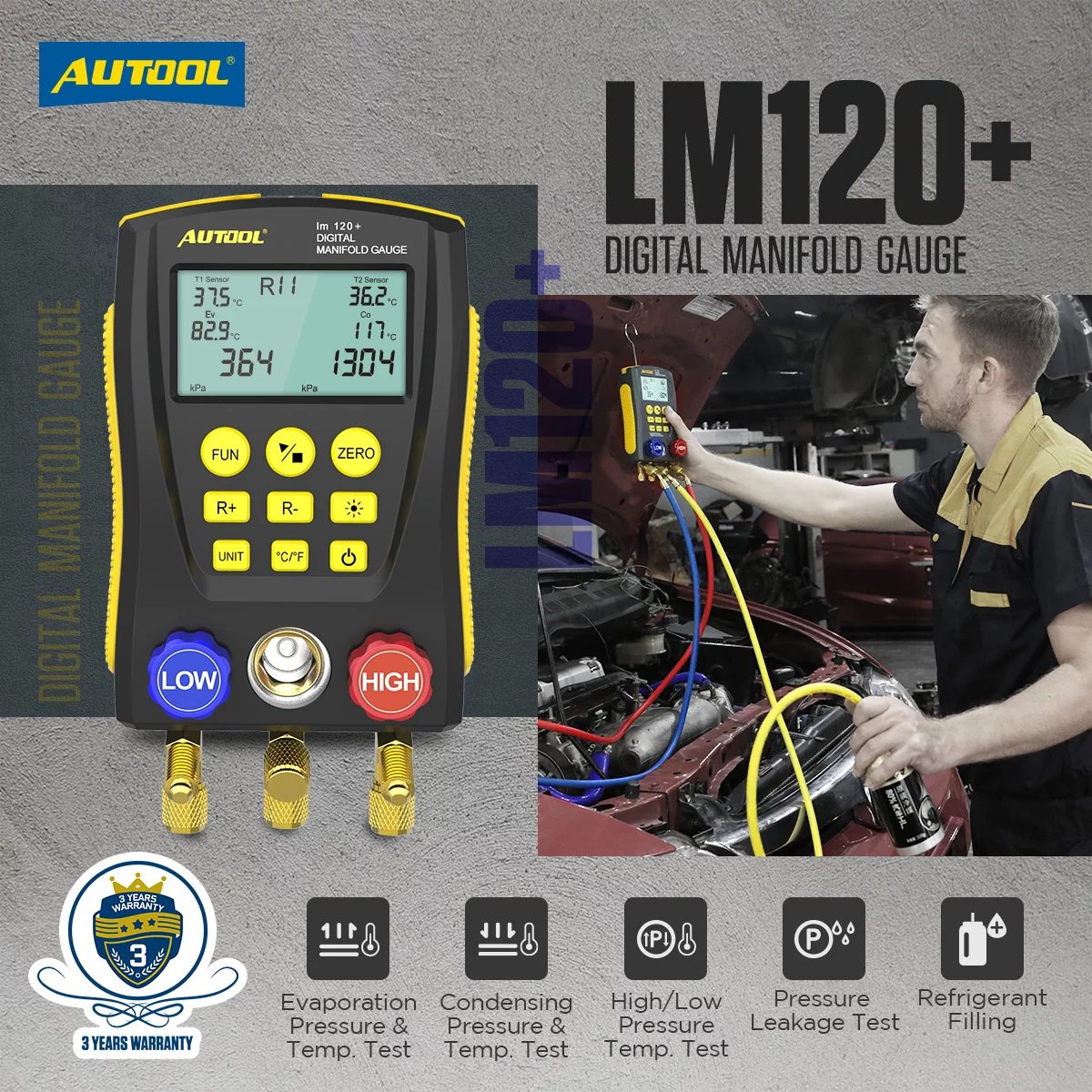 AUTOOL LM120+ Air-Conditioning R134A Refrigerationt Digital Manifold Gauge Set HVAC Vacuum Pressure Temperature Tester Kit Support 89 Kinds Refrigerant AC Leak Detector Kit