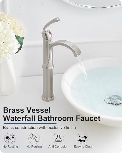 Vessel Sink Faucet, Oil Rubbed Bronze Waterfall Bathroom Sink Faucets, Brass Tall Bathroom Faucet Vanity Faucet 1 Hole Restroom Faucet Single Handle with Pop-up Drain Supply Hose