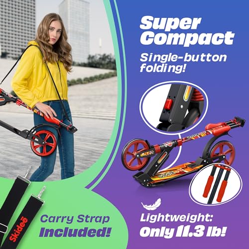 Skidee Adult & Teen Scooter Adjustable Height, Folding, Large Wheels, Lightweight, Durable, Anti-Shock Suspension, Up to 220 lbs