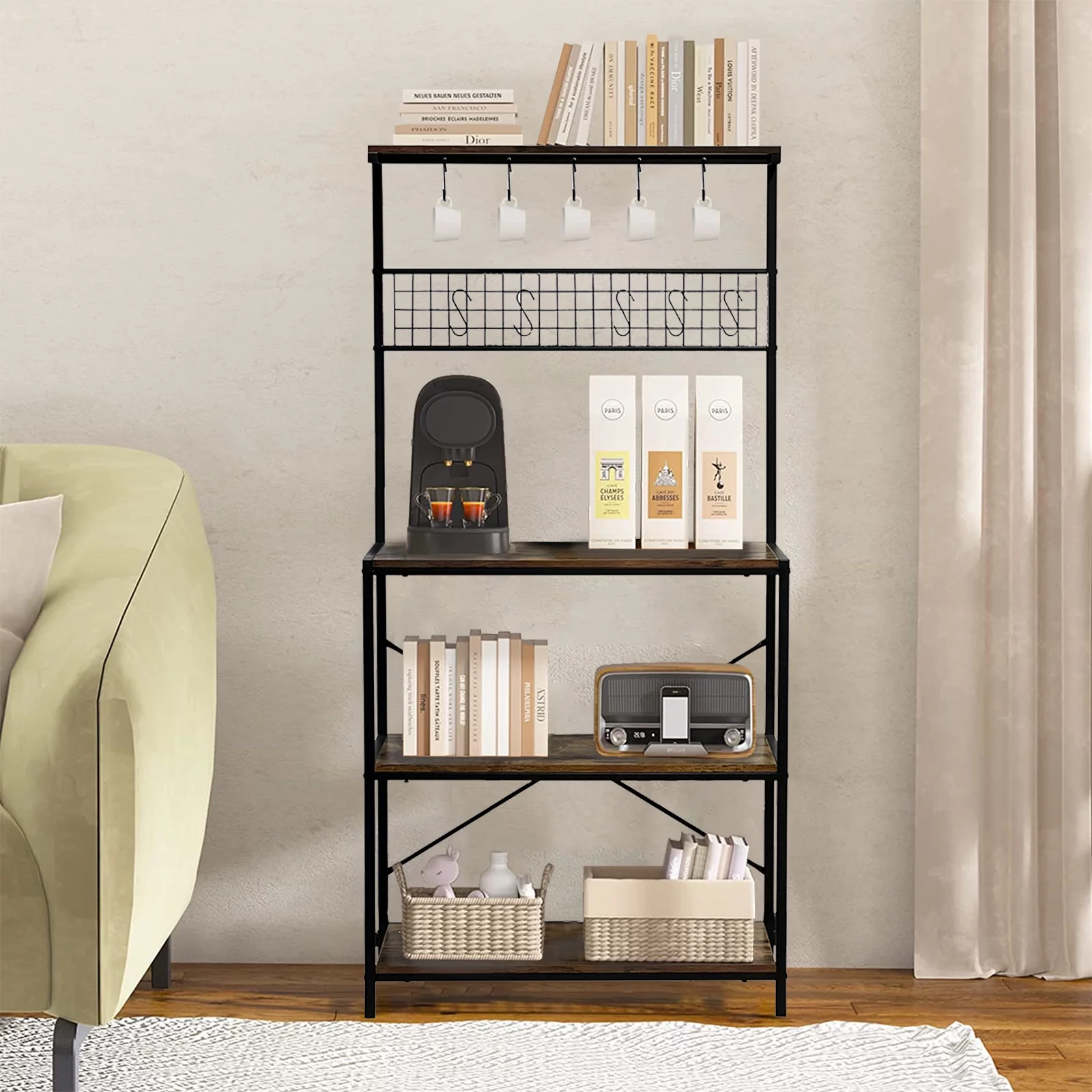 Vebreda Baker's Rack, Industrial Kitchen Island with Hooks Microwave Stand Adult