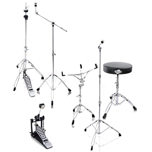Griffin 6 Piece Drum Hardware Pack (Percussion TiltPro X Edition) – Full Stand Kit with Snare, Hi-Hat, Cymbal Boom, Kick Pedal & Throne for Gigs or Studio