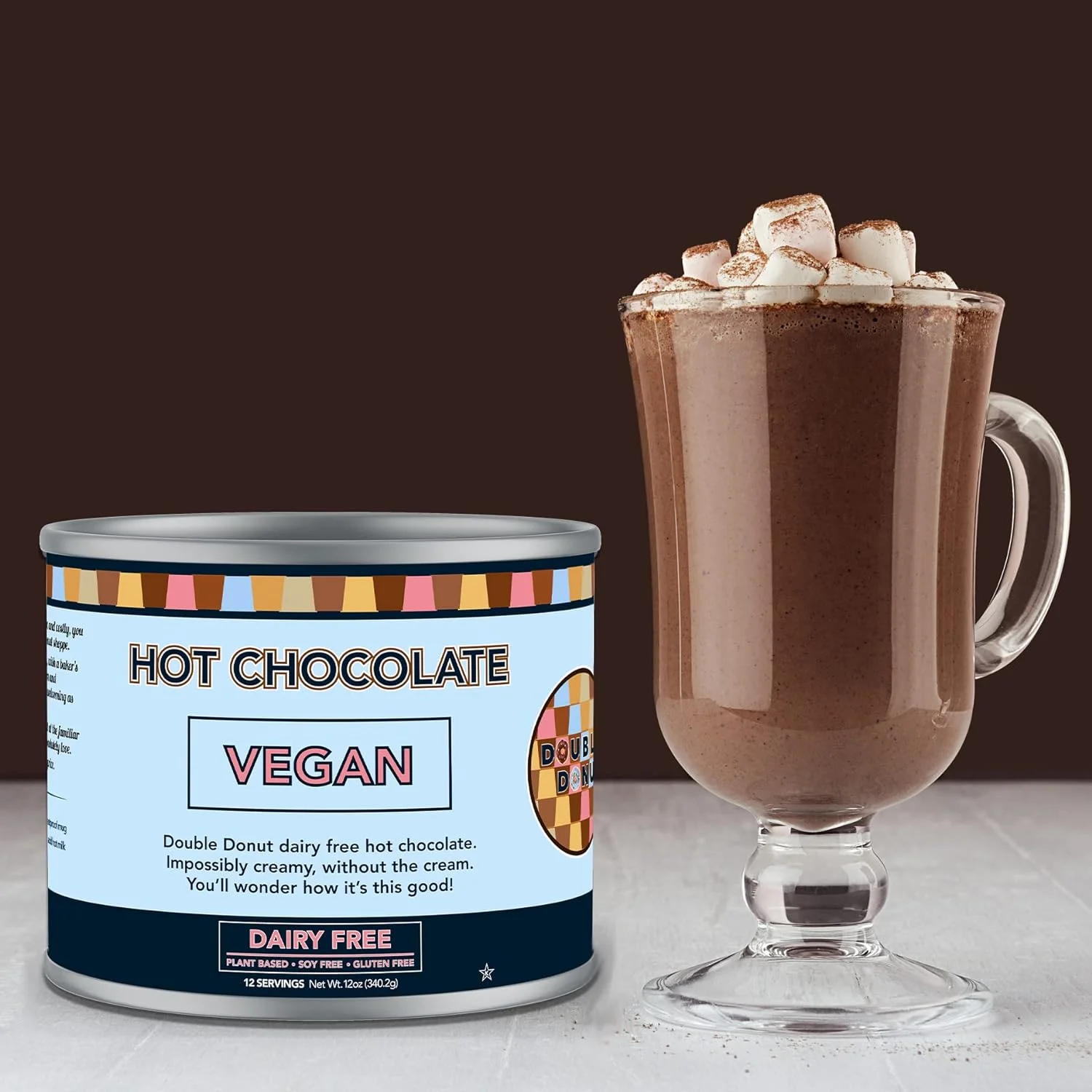 Double Donut Dairy Free Hot Chocolate Mix, Non Dairy Instant Vegan Hot Chocolate Mix, 12 Ounce