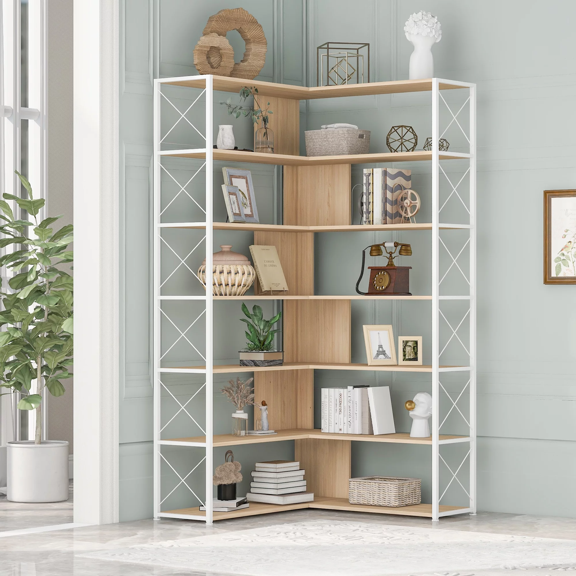 CQSXDA 7-Tier Corner Bookshelf, L-Shaped Modern Display Bookcase, Tall Standing Storage Book Shelves with Metal,Oak with Open Storage, MDF Board,Oak