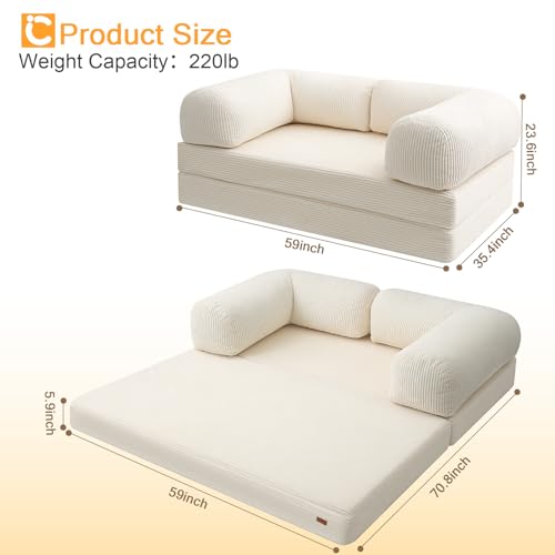 COMAX Folding Sofa Bed Queen, 4-in-1 Foldable Floor Couch Convertible Futon Sofa with Armrests Sleeper Mattress Chair Bed Comfy Portable Fold Out Lounge Guest for Living Room Bedroom, Beige