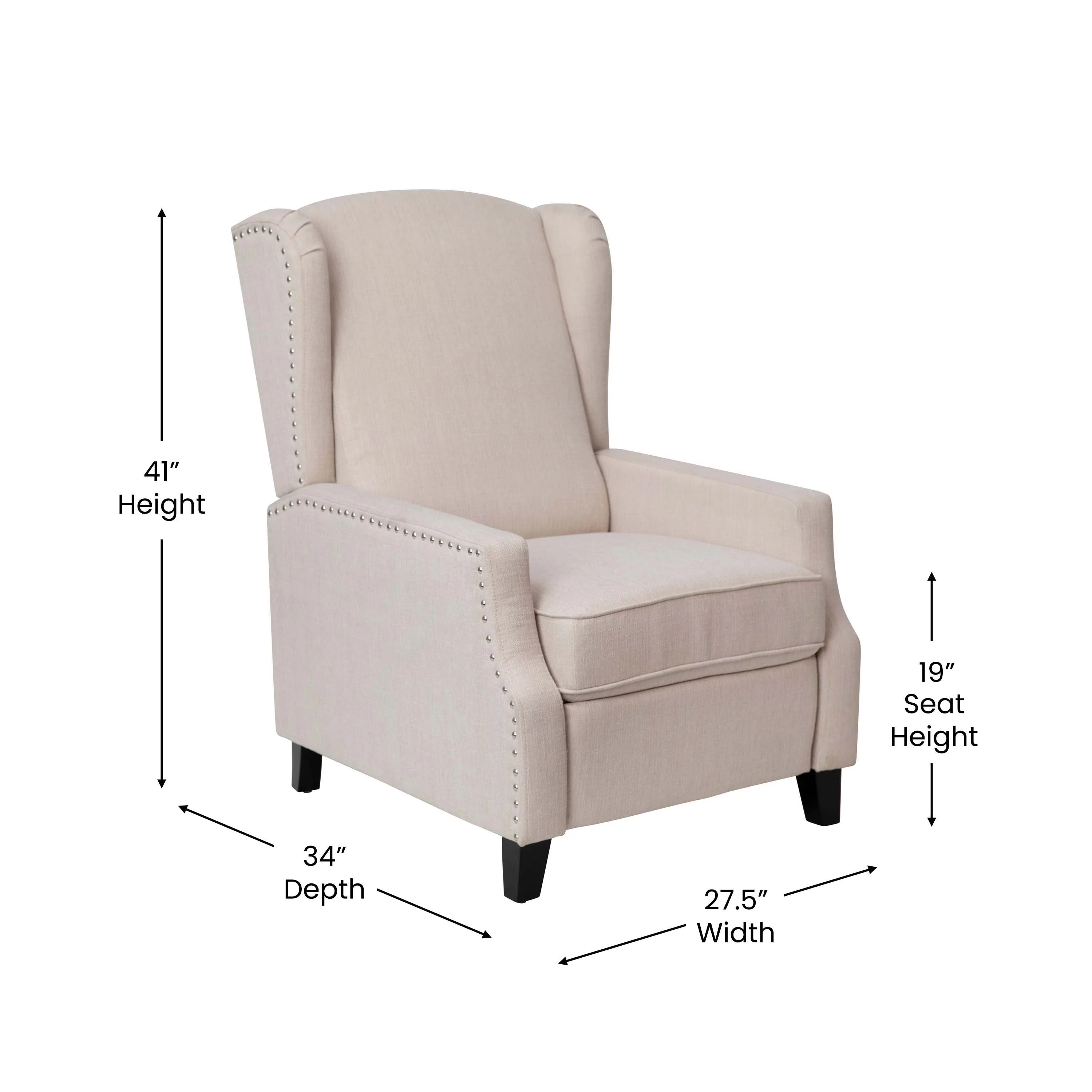 BizChair Traditional Style Slim Push Back Recliner Chair-Wingback Recliner with Cream Fabric Upholstery-Accent Nail Trim