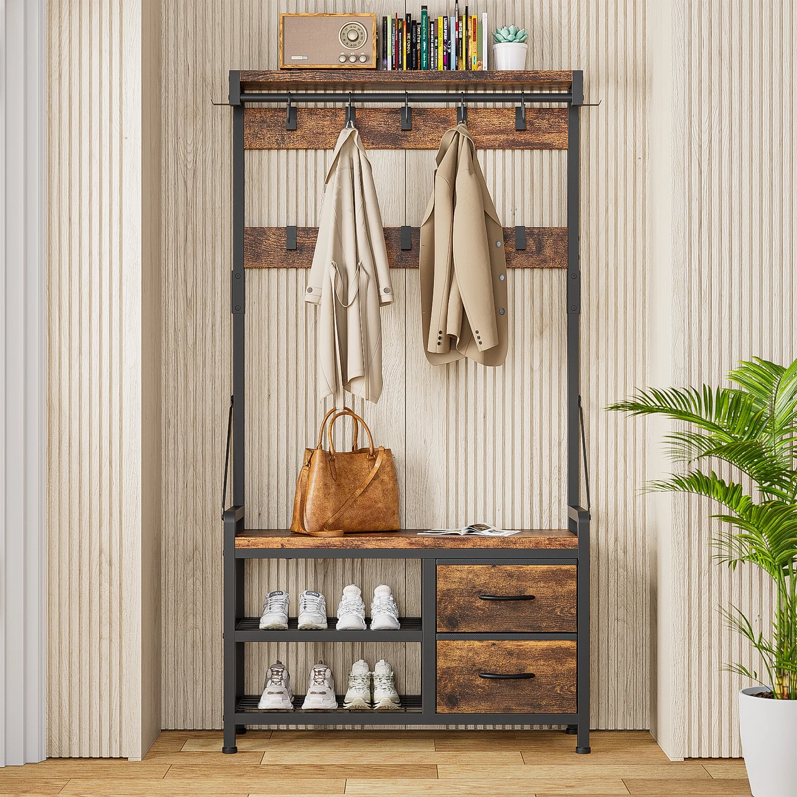 GIKPAL 4 in 1 Entryway Hall Tree Coat Rack with Shoe Storage Bench Industrial Entryway Bench with 17 Hooks 2 Drawers for Hallway or Living Room, Rustic Brown