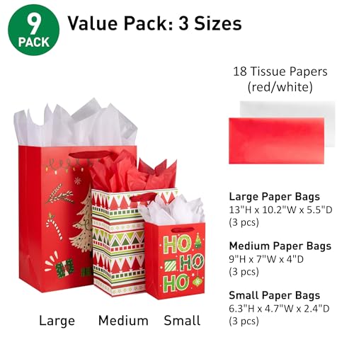 SUNCOLOR Christmas Gift Bags Assorted Sizes with Tissue Paper, 9 Pack, Red Holiday Theme Bags, Large 13x10.2, Medium 9x7, Small 6.3x4.7 inches