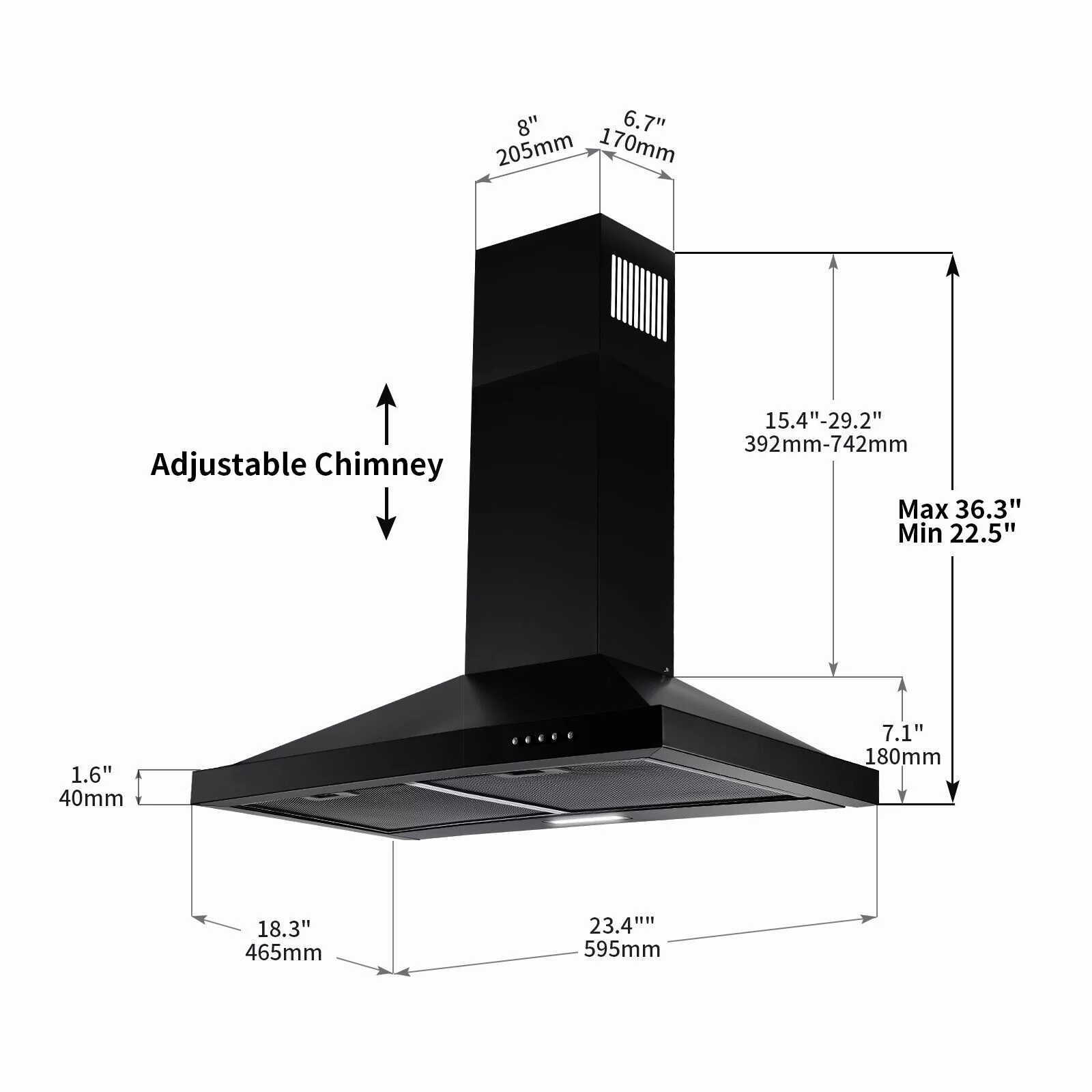 24 inch Wall Mounted Range Hood Kitchen Stove Vent Hood 450 CFM 3-Speed Fan