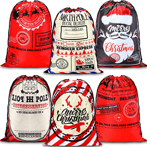 Macarrie 6 Pcs Christmas Santa Sack Large Polyester Gift Bag with Drawstring and Adjustable Buckle Large Santa Gift Wrap Bags for Xmas Presents Christmas Package Party Supplies