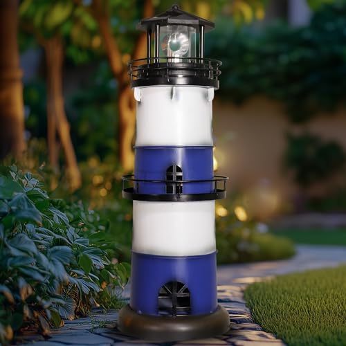 Solar Metal Lighthouse Yard Décor – Outdoor Garden Lighthouse with Rotating Light, Lawn Ornament Lighthouse with Landscape Staples, Patio, Garden Decorations,Garden Lovers Gifts. (Blue, Round)