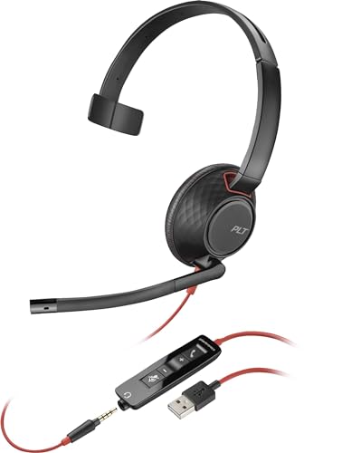 Poly Blackwire 5210 Wired Headset (Plantronics) Flexible Noise-Canceling Boom Mic Single-Ear Design - PC/Mac, Mobile via USB-C, USB-A, 3.5mm - Works w/Teams, Zoom - Amazon Exclusive (9P7X5AA)