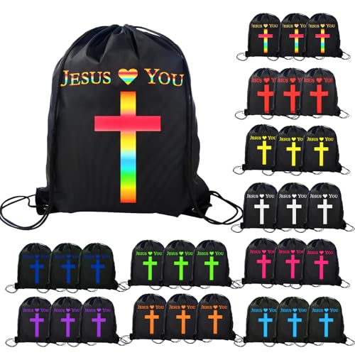 VZZNN 30 Pcs Jesus Loves You Drawstring Backpack Bulk Christian Gift Bags Church Supplies String Backpack Cinch Bag Jesus Stuff(Black)
