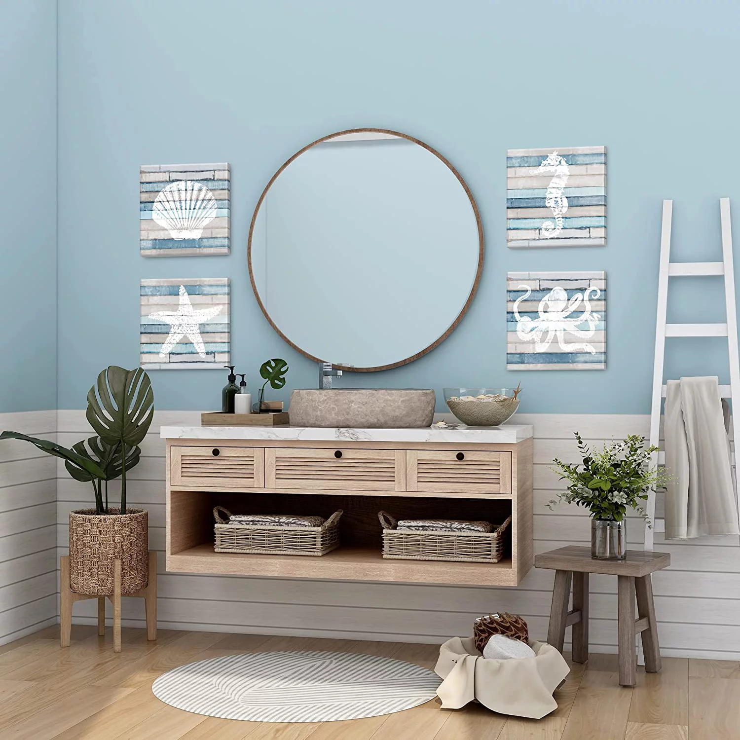 Afuly Rustic Bathroom Wall Art Beach Themed Pictures Seashell Starfish Seahorse Octopus Canvas Prints Blue Coastal Nautical Decor for Living Room set of 4, 12x12 inch