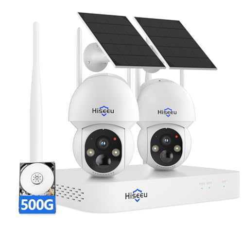 Hiseeu Solar Camera Wireless Outdoor, Home Security Camera System, 2.4G & 5G WiFi, Solar-Powered 4MP 4 Cam-Kit, Color Night Vision, 360° View, Pan & Tilt, 1TB HDD Local Recording, No Subscription