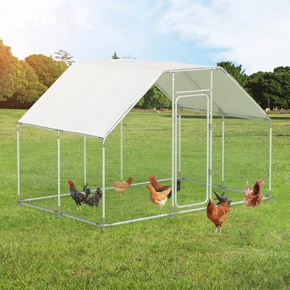 Large Metal Chicken Run, Large Chicken Coop 10x 6.6x6.6FT Flat-Top Heavy Duty Outdoor Chicken Pen Duck & Rabbit Walk-in Poultry Cage with Waterproof & UV-Resistant Cover for Backyard Farm