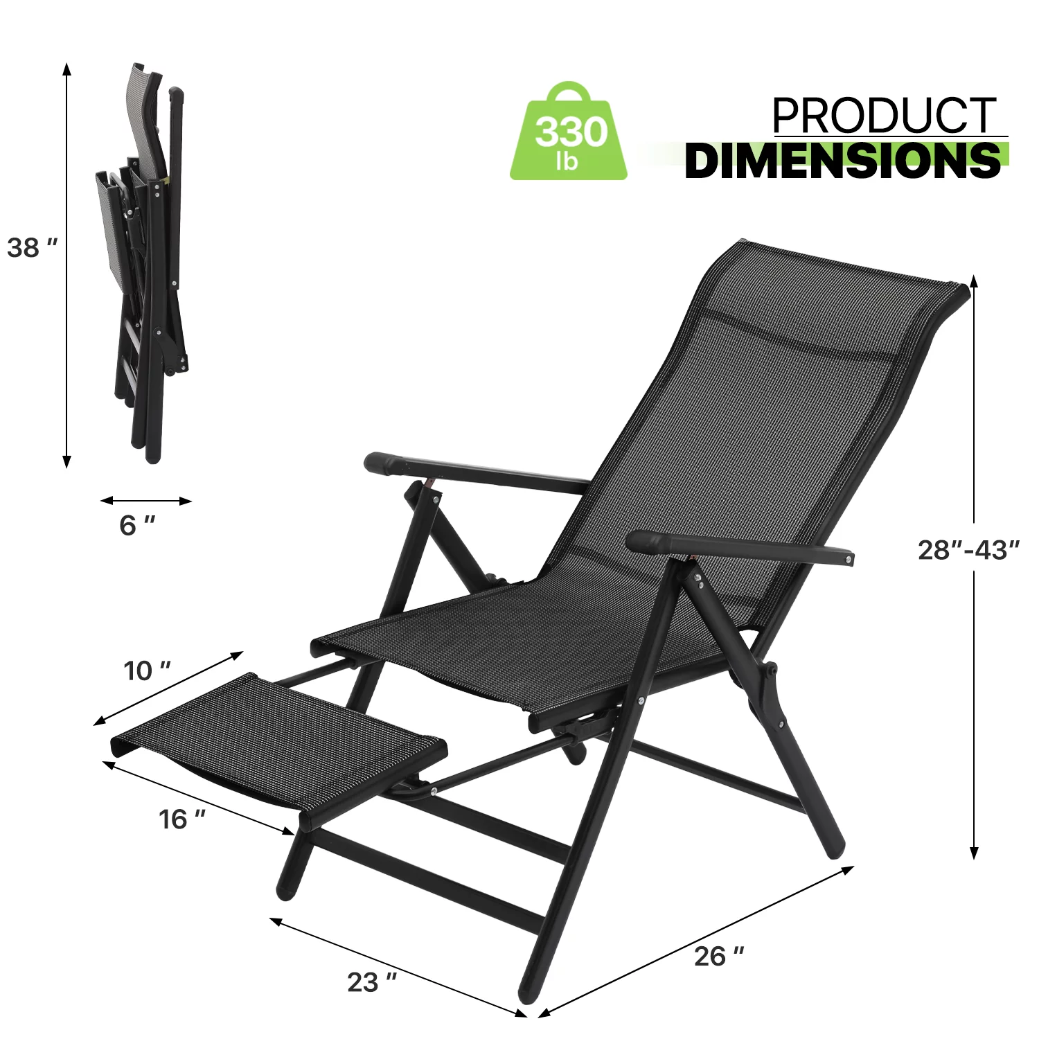 Magshion Set of 2 Folding Lounge Chair with Retractable Footrest, Zero Gravity Reclining Chair with Armrests, 95-140° Adjustable Recliner, Black