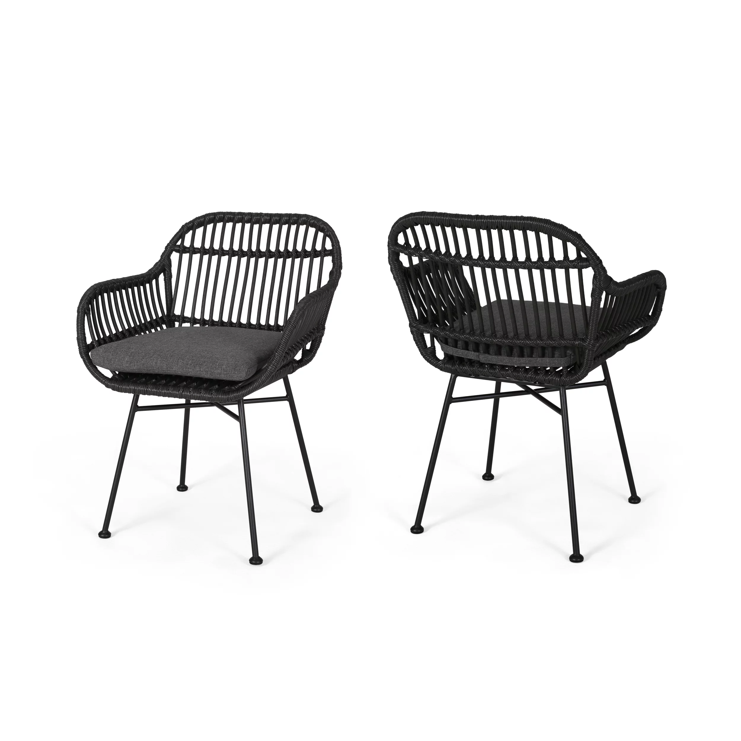Rodney Indoor Woven Faux Rattan Chairs with Cushions (Set of 2), Gray and Dark Gray Finish