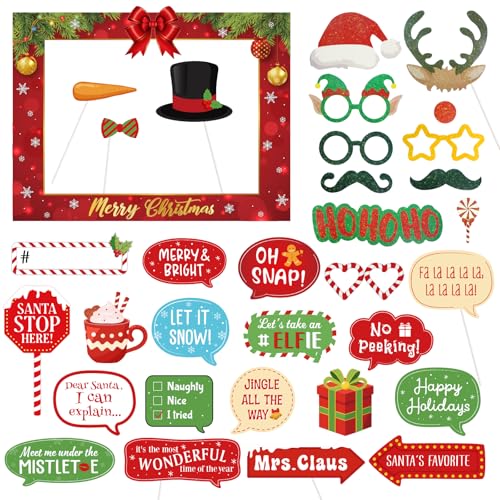 34pcs Christmas Photo Booth Props & Frame Holiday Props for Photoshoot Christmas Selfie Props Xmas Party Supplies Favors Decorations