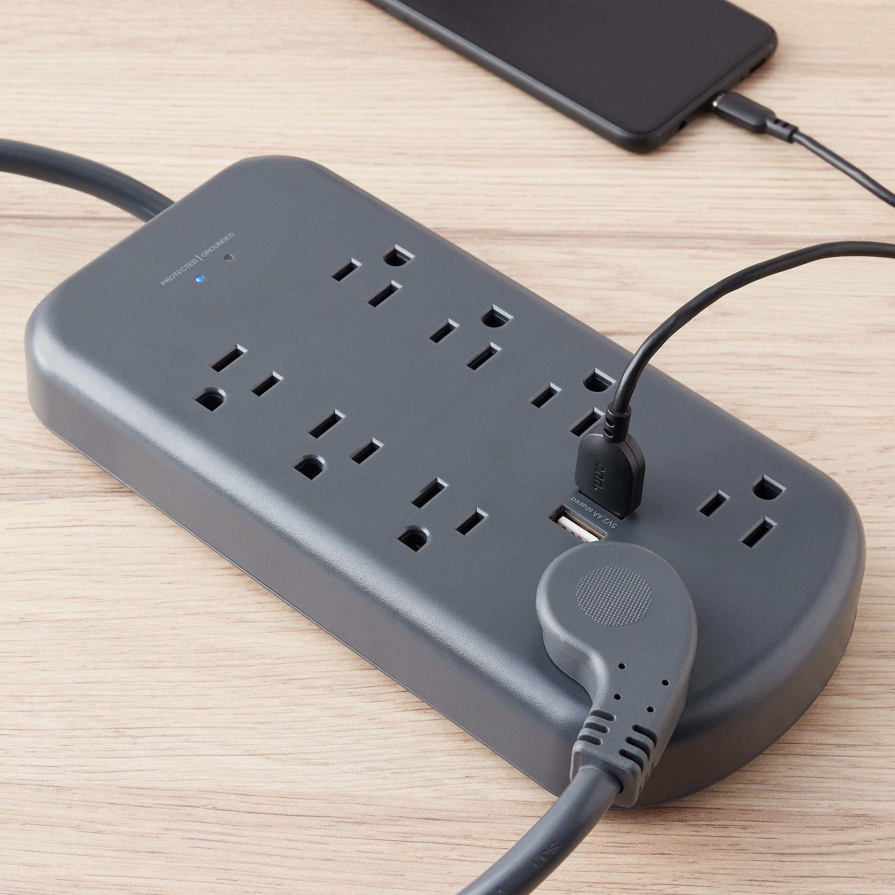 onn. 6ft 8 AC Outlets Surge Protector 2700 Joules with 2 USB Ports- Grey