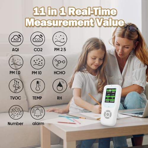 11-in-1 Air Quality Monitor - Portable Indoor Air Quality Detector with Stand, Real-Time Test for AQI, CO2, PM2.5, PM1.0, PM10, TVOC, HCHO, Particles, Temperature & Humidity with Aler (White-White)