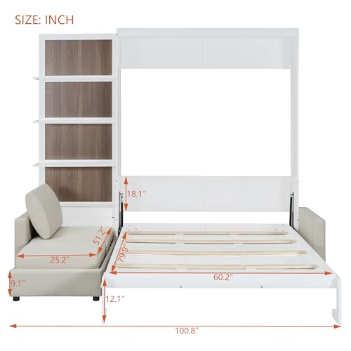 HABITRIO Queen Size Murphy Bed, Wooden Queen Murphy Bed Frame with Shelves, Wall Bed with L-Shape Sofa, White