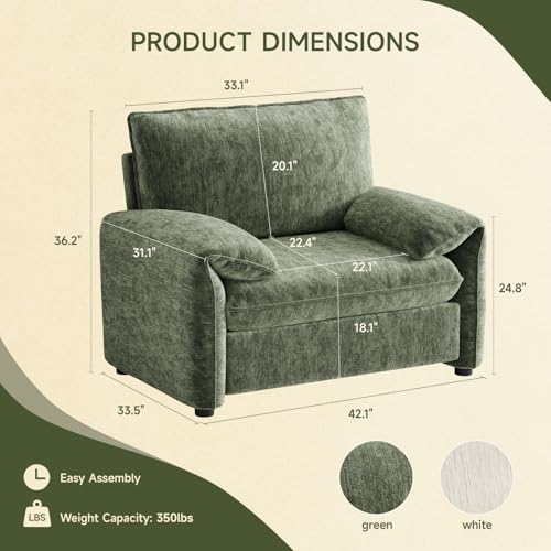 Oversized Accent Chair, 42 Inch Chenille Fabric Armchair, Comfy Single Sofa Chair with Padded Arms, Pocket Spring Cushion, Modern Reading Chair for Living Room, Bedroom, Green