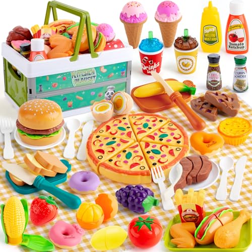 78Pc Pretend Play Food for Kids Kitchen, Cutting Toy Food with Storage Basket, Play Kitchen Accessories, Food Toys with Veggies, Fruits, Fake Food with Pizza Toy, Pretend Food, Boys Girls Gift