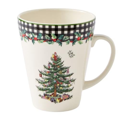 Spode Christmas Tree 2025 Annual Mandarin 14oz Mug, Porcelain Coffee or Tea Mug with Tartan Borders - Festive Holiday Drinkware - Dishwasher & Microwave Safe, Holiday Gift for House Party/Cozy Nights