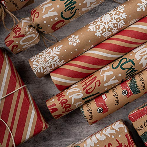 RUSPEPA Christmas Kraft Wrapping Paper - Owl, Reindeer, Christmas Ball and Text Design - 4 Rolls - 30 inches x 10 feet per Roll