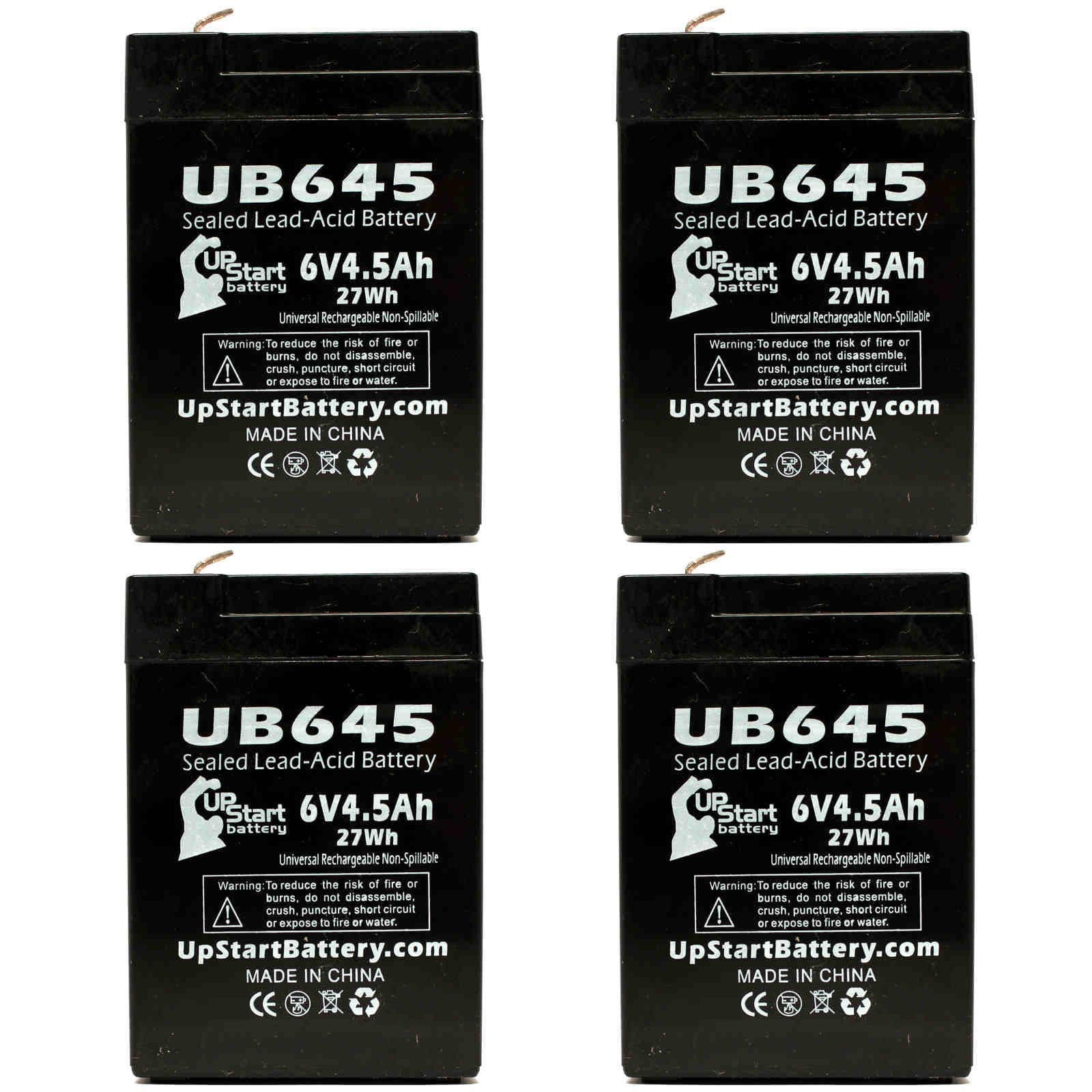 4x Pack - Compatible Exide M84001A5060042S Battery - Replacement UB645 Universal Sealed Lead Acid Battery (6V, 4.5Ah, 4500mAh, F1 Terminal, AGM, SLA) - Includes 8 F1 to F2 Terminal Adapters