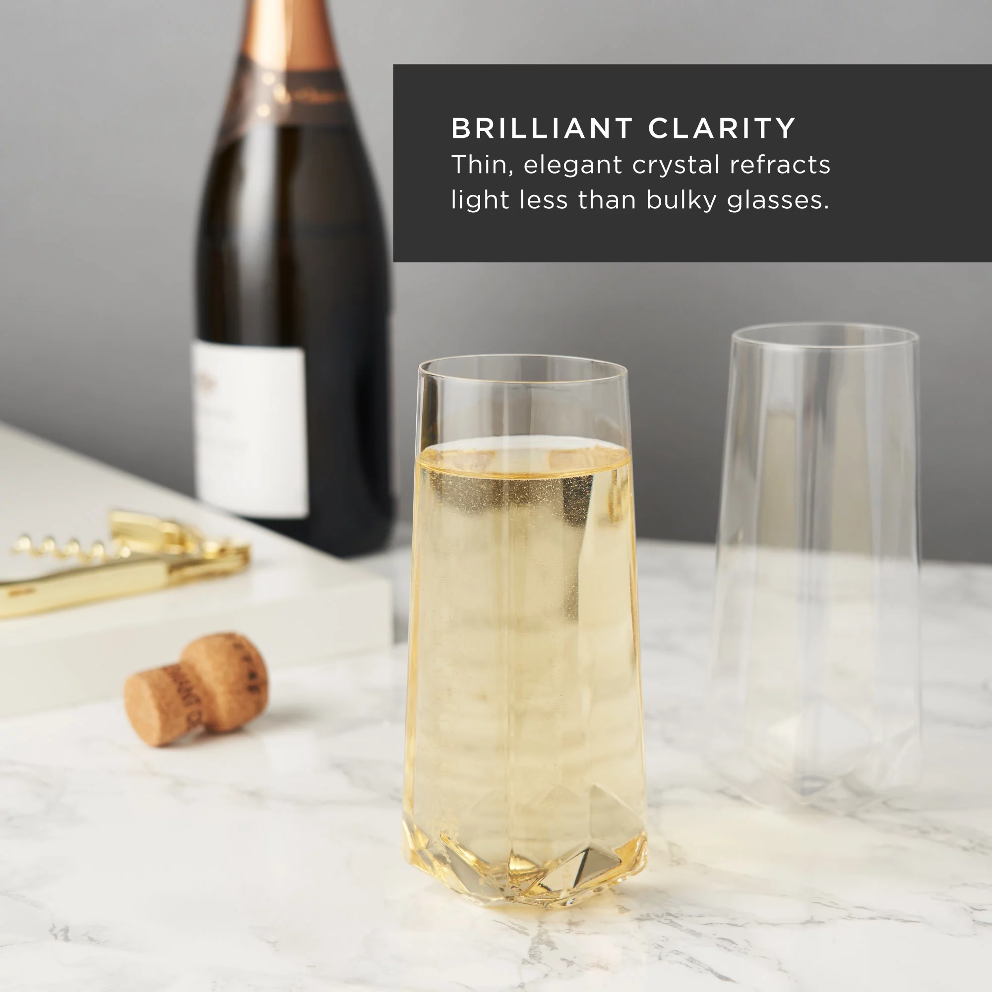 Viski Raye Faceted Crystal Champagne Flutes - Stemless Champagne Glass Gift Set