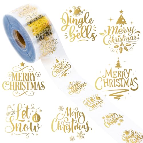 Whaline 1000Pcs Clear Christmas Stickers Roll Gold Foil Merry Christmas Stickers Xmas Winter Holiday Round Adhesive Label Stickers Decal for Xmas Envelopes Invitations Cards Gifts Decor, 6 Designs
